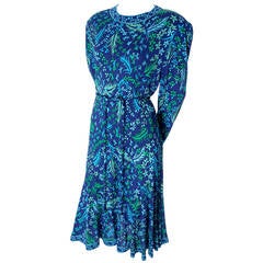 Bessi Silk Jersey Floral 1970s Vintage Dress Belt Firenze Italia Blue
