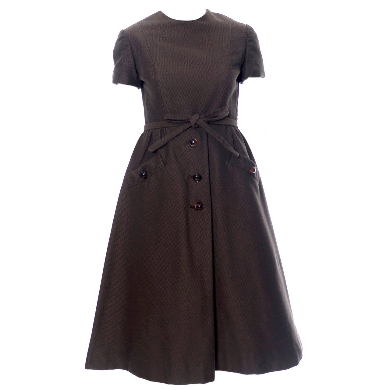 Chocolate Brown Geoffrey Beene 1960s Mod Vintage Dress Pockets Belt