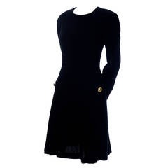 Arnold Scaasi Vintage Dress Black Wool Knit Drop Waist Pleated Skirt Lined 8 7