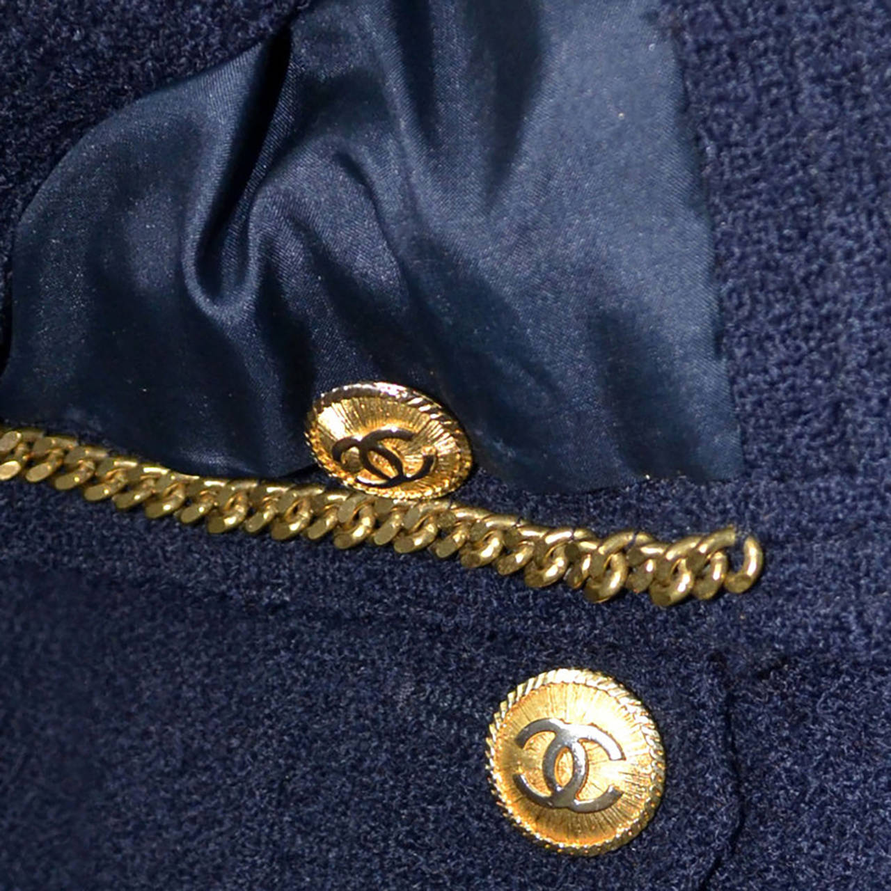 Black Vintage Chanel Skirt & Blazer Suit in  Blue Wool Boucle W/ Gold CC Buttons