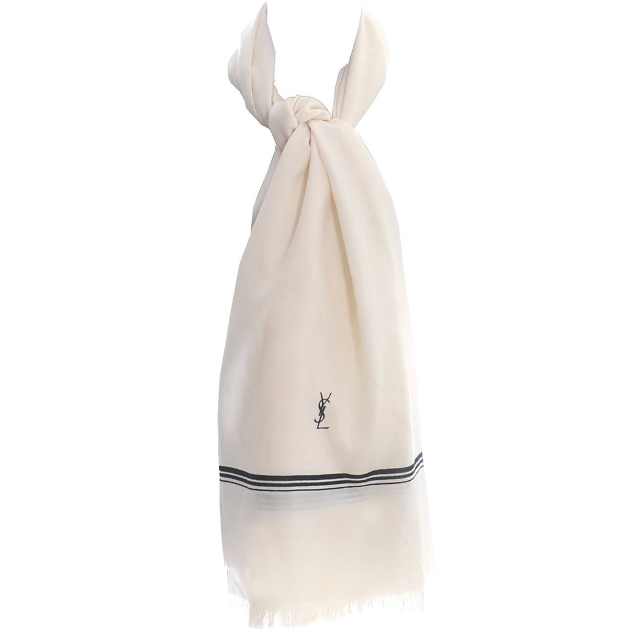 YSL Vintage Scarf Yves Saint Laurent Logo Paris Ivory Black 64" 1970's