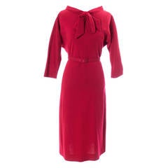 Norman Norell Vintage Red Wool Day Dress Bow Gürtel