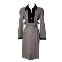 Vintage Valentino Dress Brown Cream Wool Velvet Trim Pockets Vintage Valentino Dress Brown Cream Wool Velvet Trim Pockets