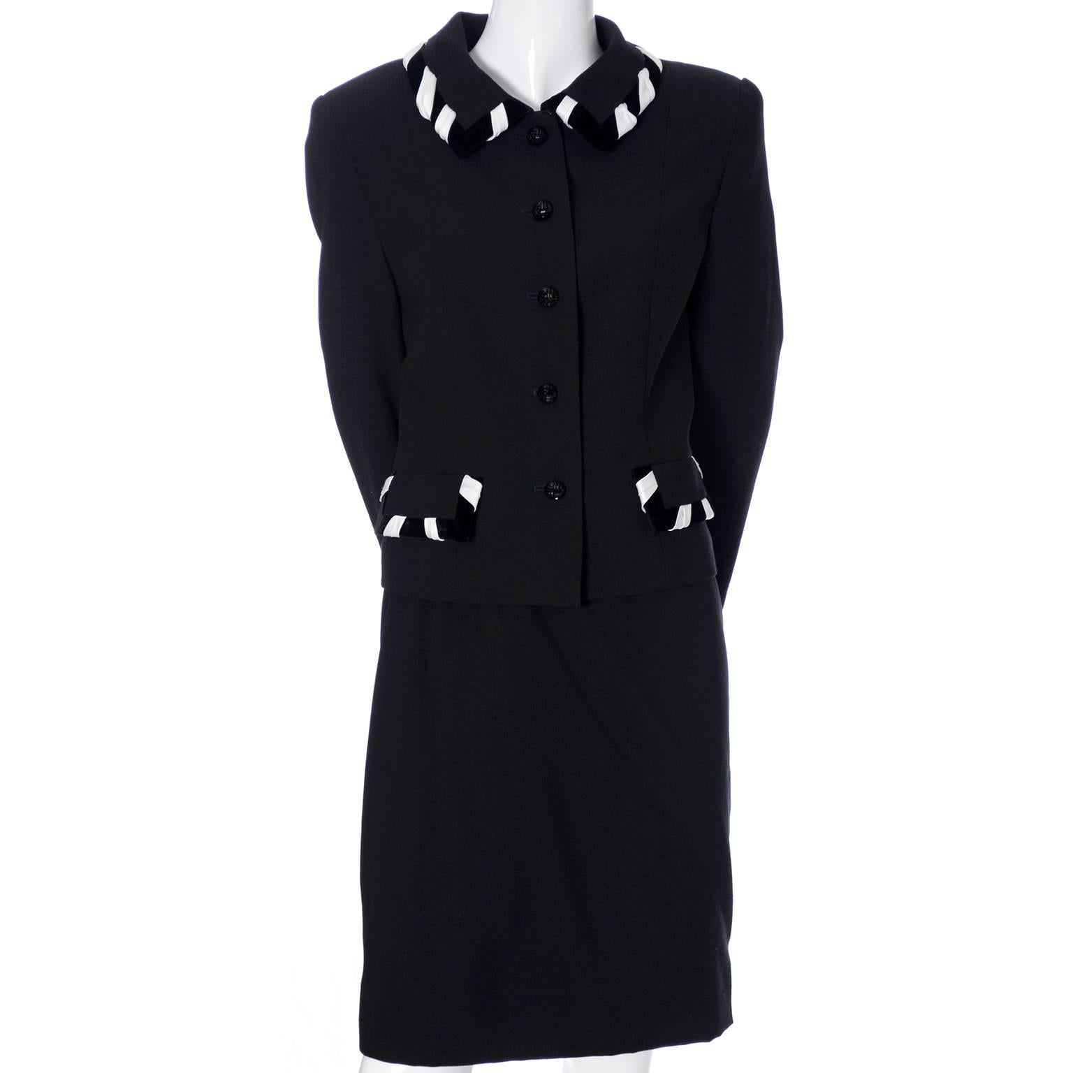 Black Escada Couture Vintage Skirt Suit Wool Crepe Velvet Silk 38 Germany