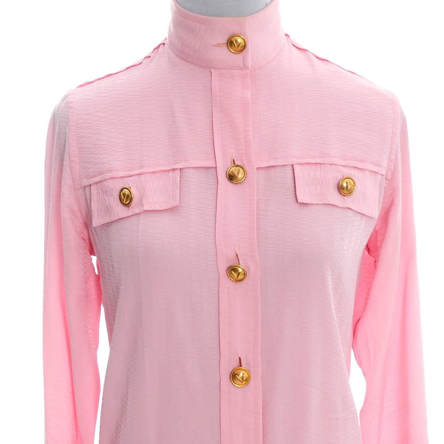 Rare 70s Valentino Pink Silk Bow Blouse V Logo Buttons Older Label Early 1970s 1