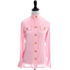 Rare 70s Valentino Pink Silk Bow Blouse V Logo Buttons Older Label Early 1970s
