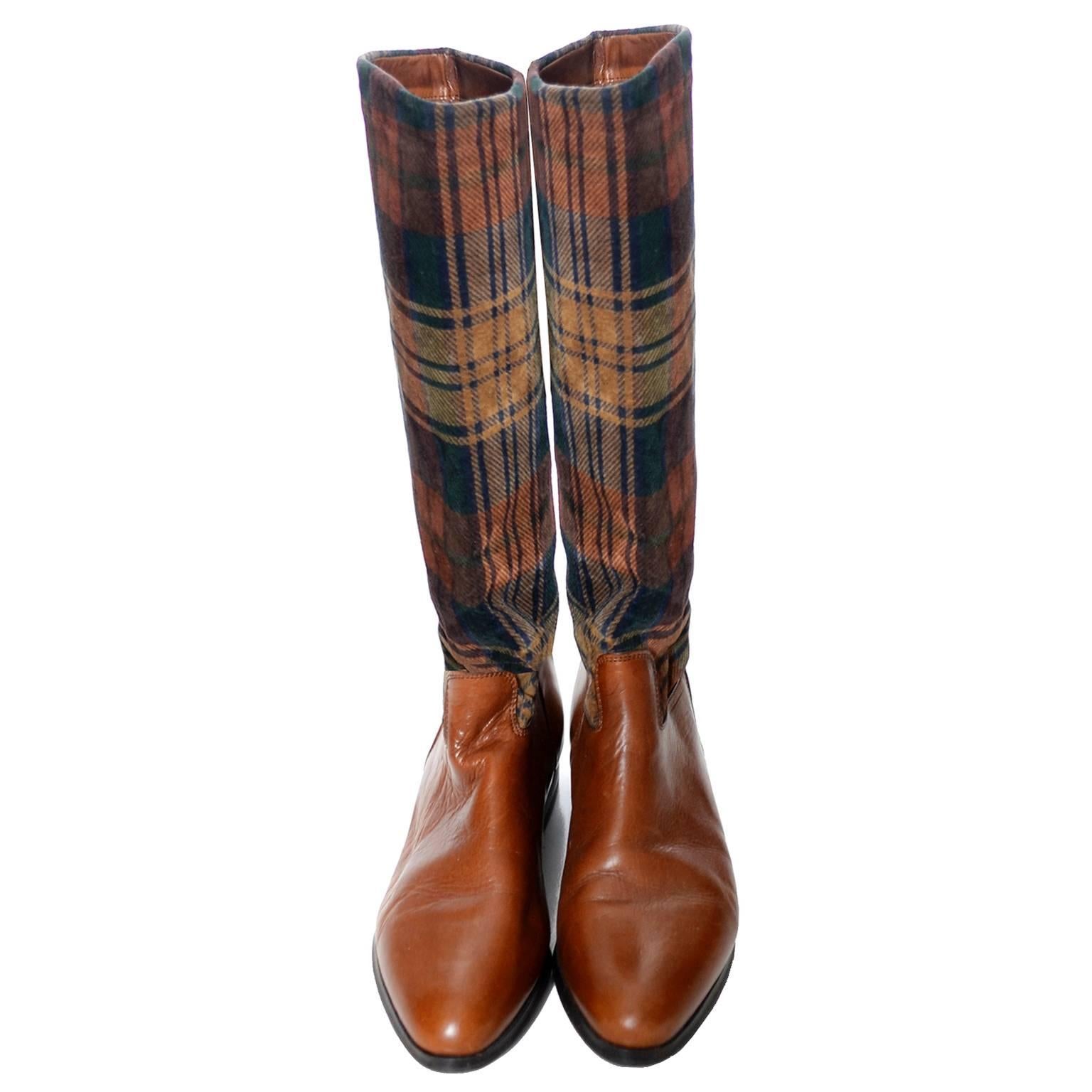 Vintage Boots Saks Fifth Avenue 1980s Plaid Boots Leather Italy 8.5  In Excellent Condition In Portland, OR