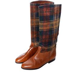 Vintage Boots Saks Fifth Avenue 1980s Plaid Boots Leather Italy 8.5 