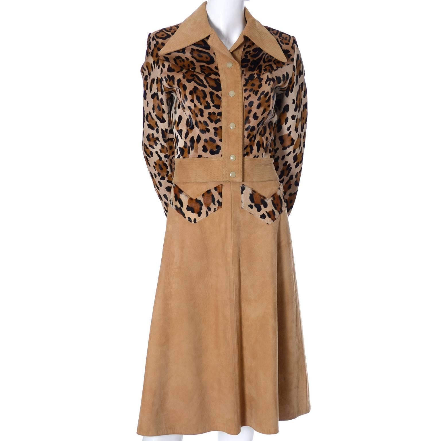 Women's Henri Fensteur Suede Leopard Print Fur Vintage Skirt & Cropped Jacket Suit
