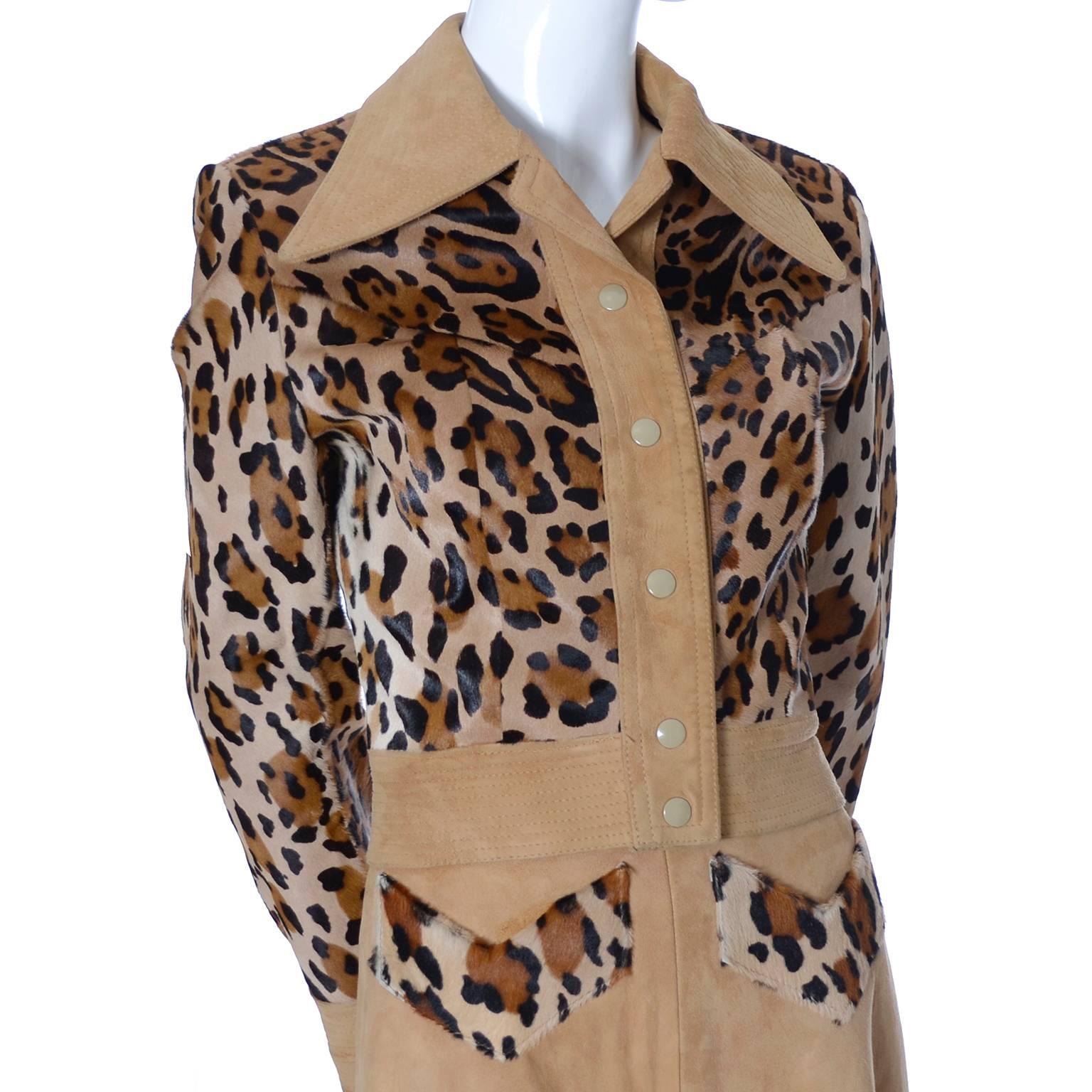 Henri Fensteur Suede Leopard Print Fur Vintage Skirt & Cropped Jacket Suit 1