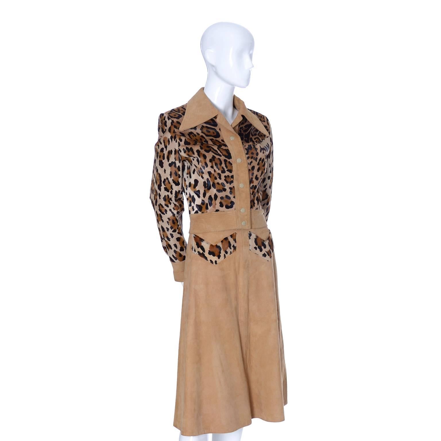 Brown Henri Fensteur Suede Leopard Print Fur Vintage Skirt & Cropped Jacket Suit