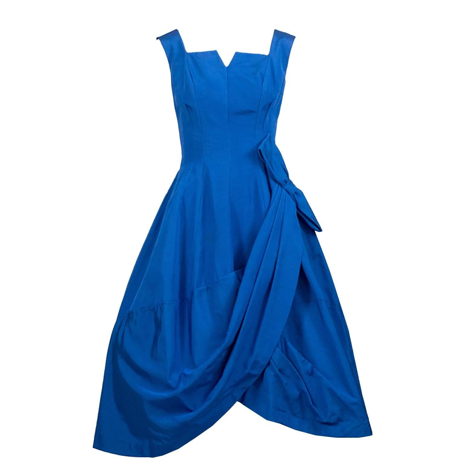 1950s Blue Vintage Party Dress Dramatic Draping Side Bow 50s