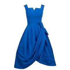 1950s Blue Vintage Party Dress Dramatic Draping Side Bow 50s