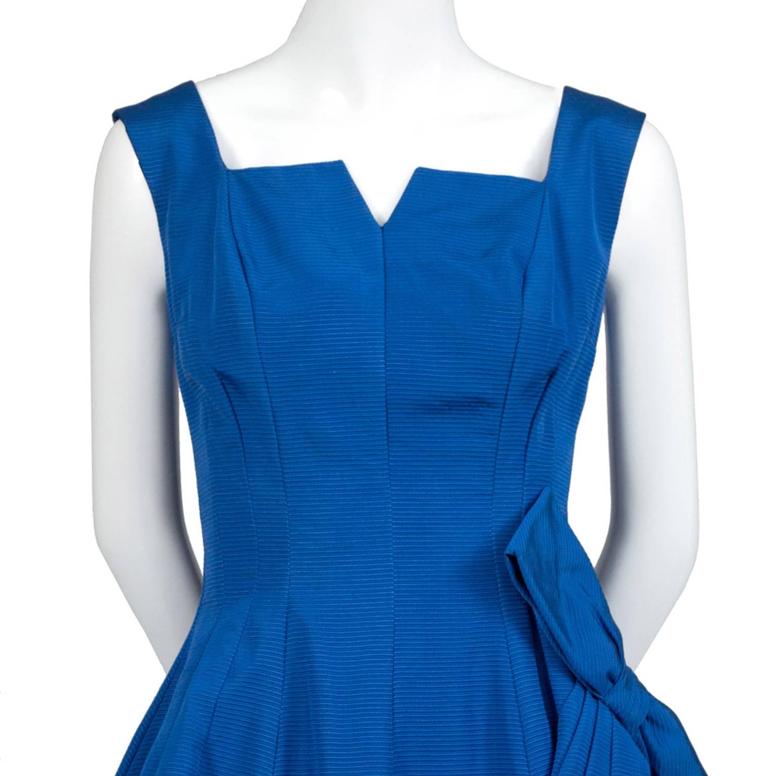 1950s Blue Vintage Party Dress Dramatic Draping Side Bow 50s In Excellent Condition In Portland, OR