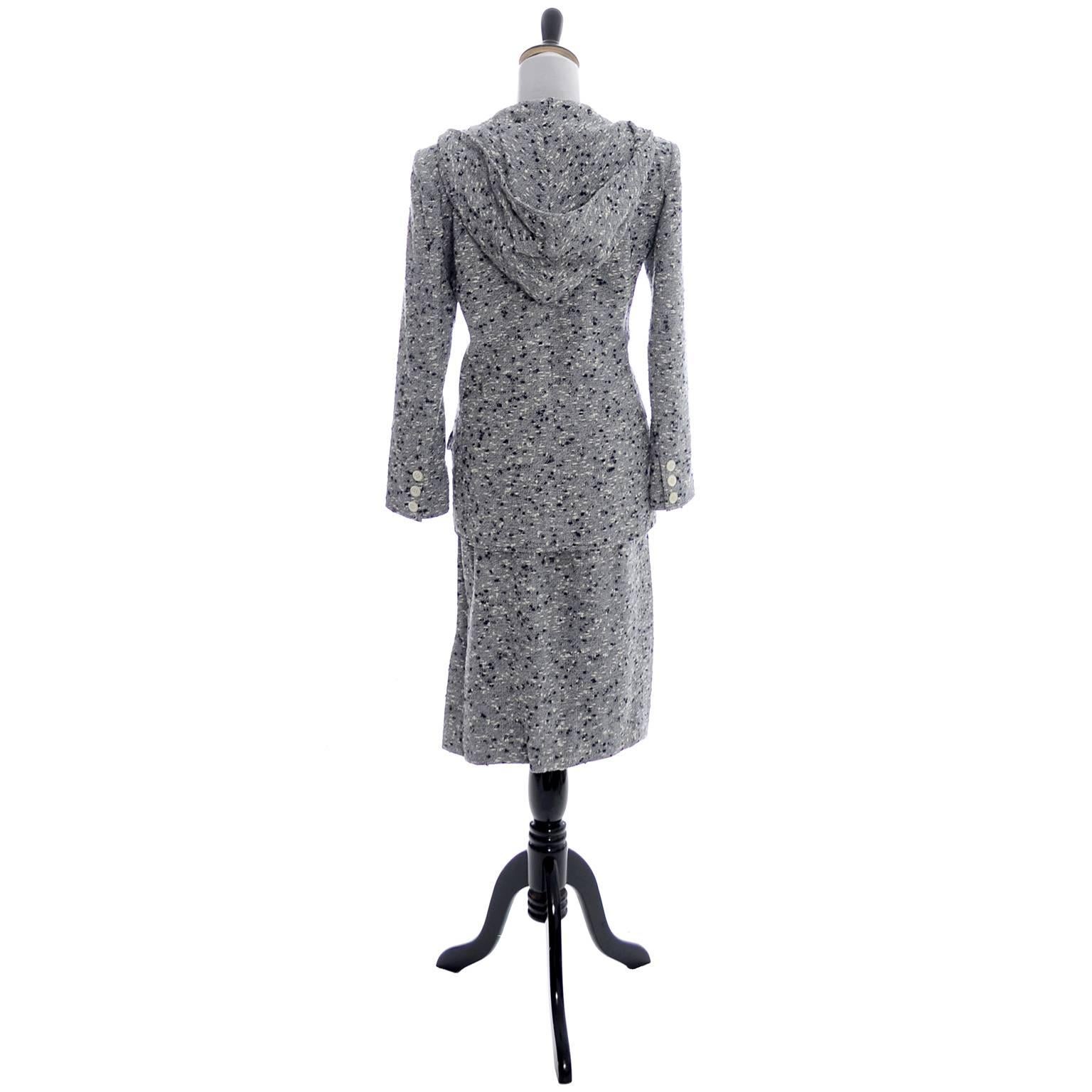 Gray Vintage Valentino Skirt Suit Hooded Blazer Jacket Size 8