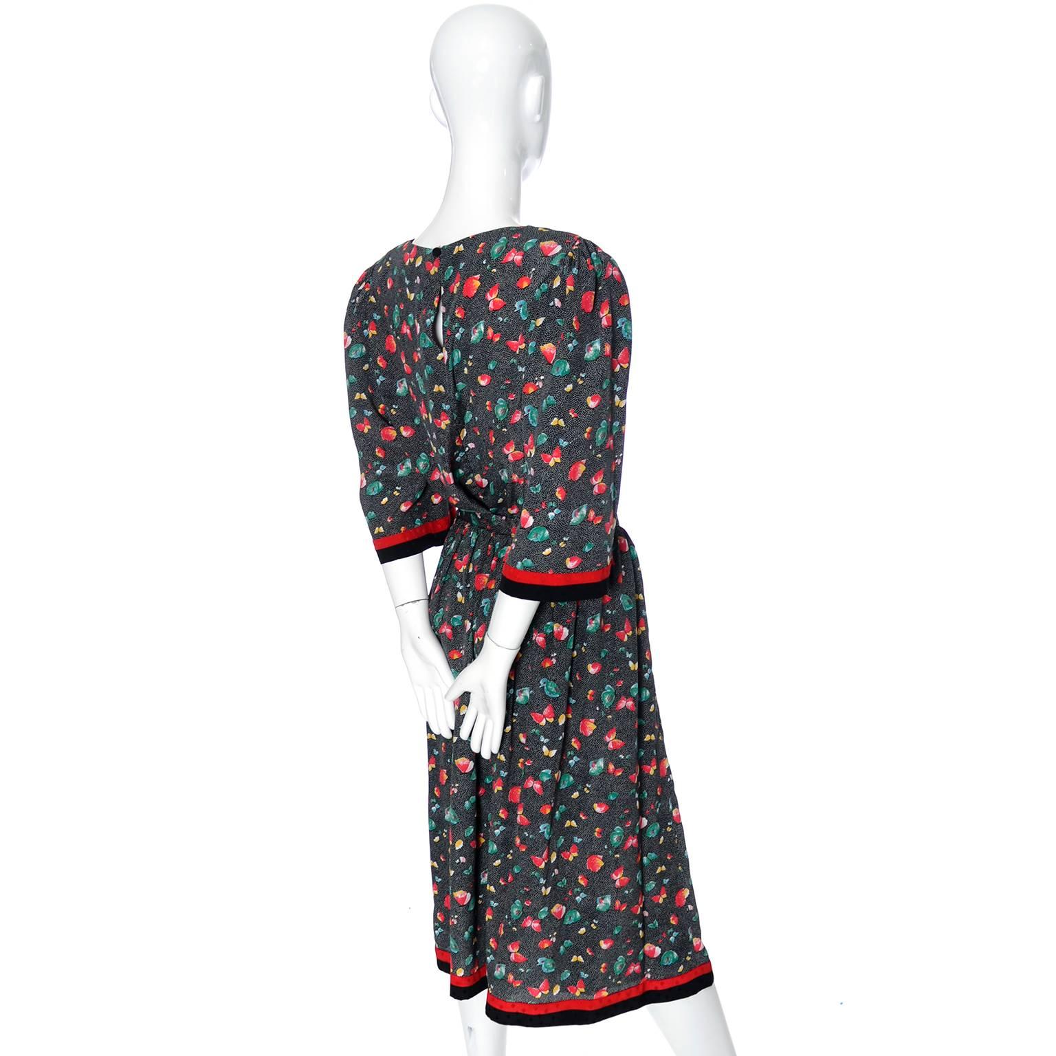 Black Hanae Mori Vintage Dress 2 Pc Skirt Blouse Butterflies Flowers