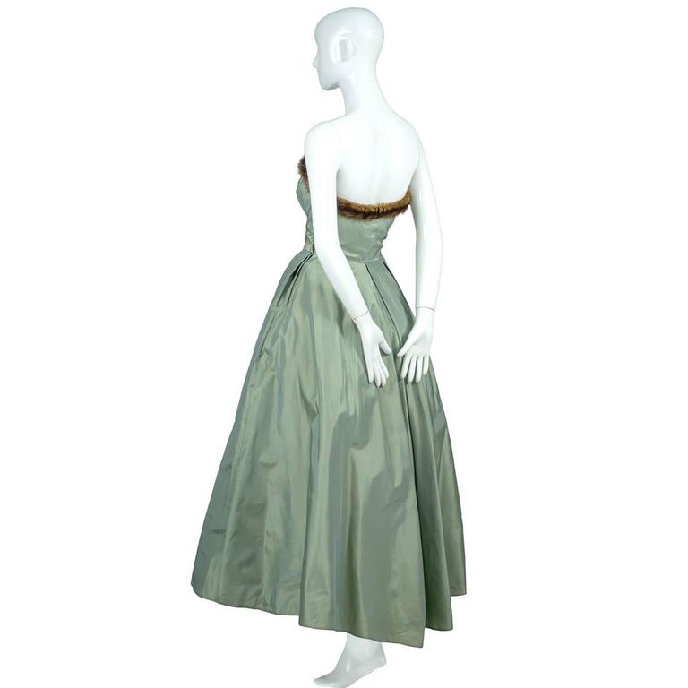 Doops Vintage 1950s 2 Pc Party Dress Bolero Mink Trimmed Sage