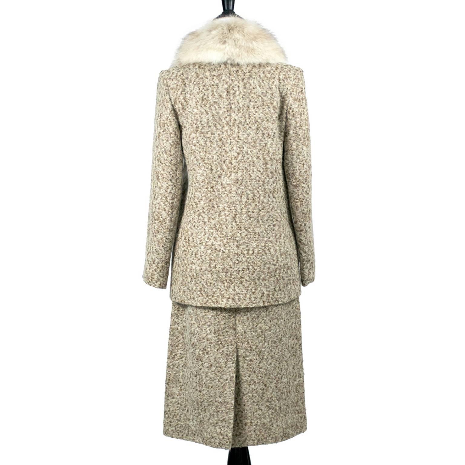 Beige 1970s Lilli Ann Vintage Tweed Skirt Suit W Fox Fur Trimmed Long Jacket