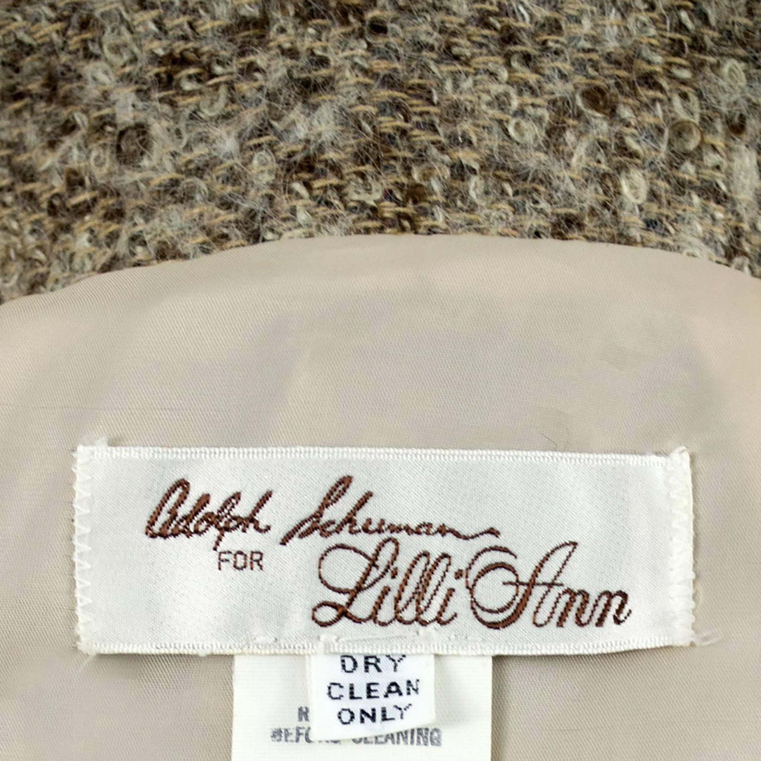 Women's 1970s Lilli Ann Vintage Tweed Skirt Suit W Fox Fur Trimmed Long Jacket