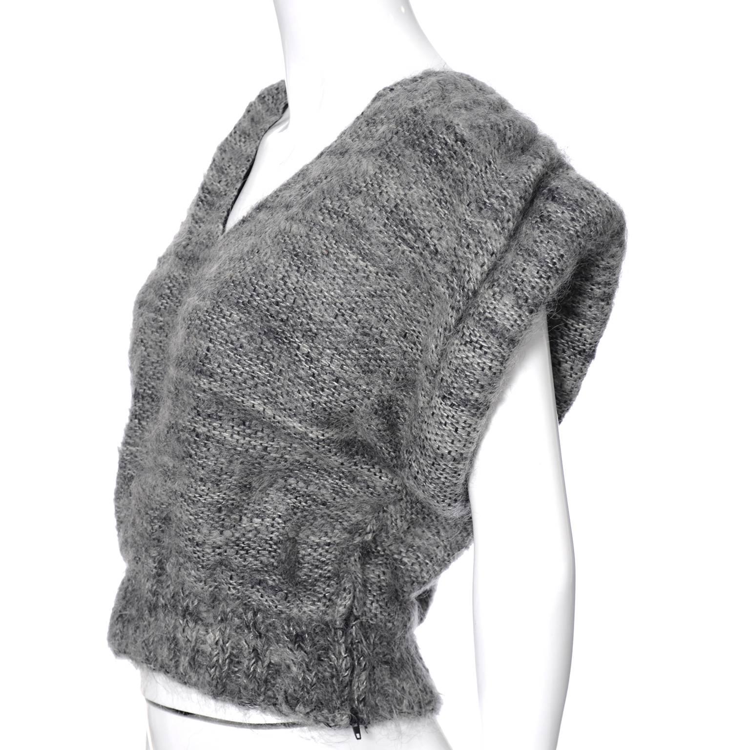 Women's Nikos Handwoven Gray Wool Vintage Cropped Sweater With Rolled Arms & V Neck Vest For Sale