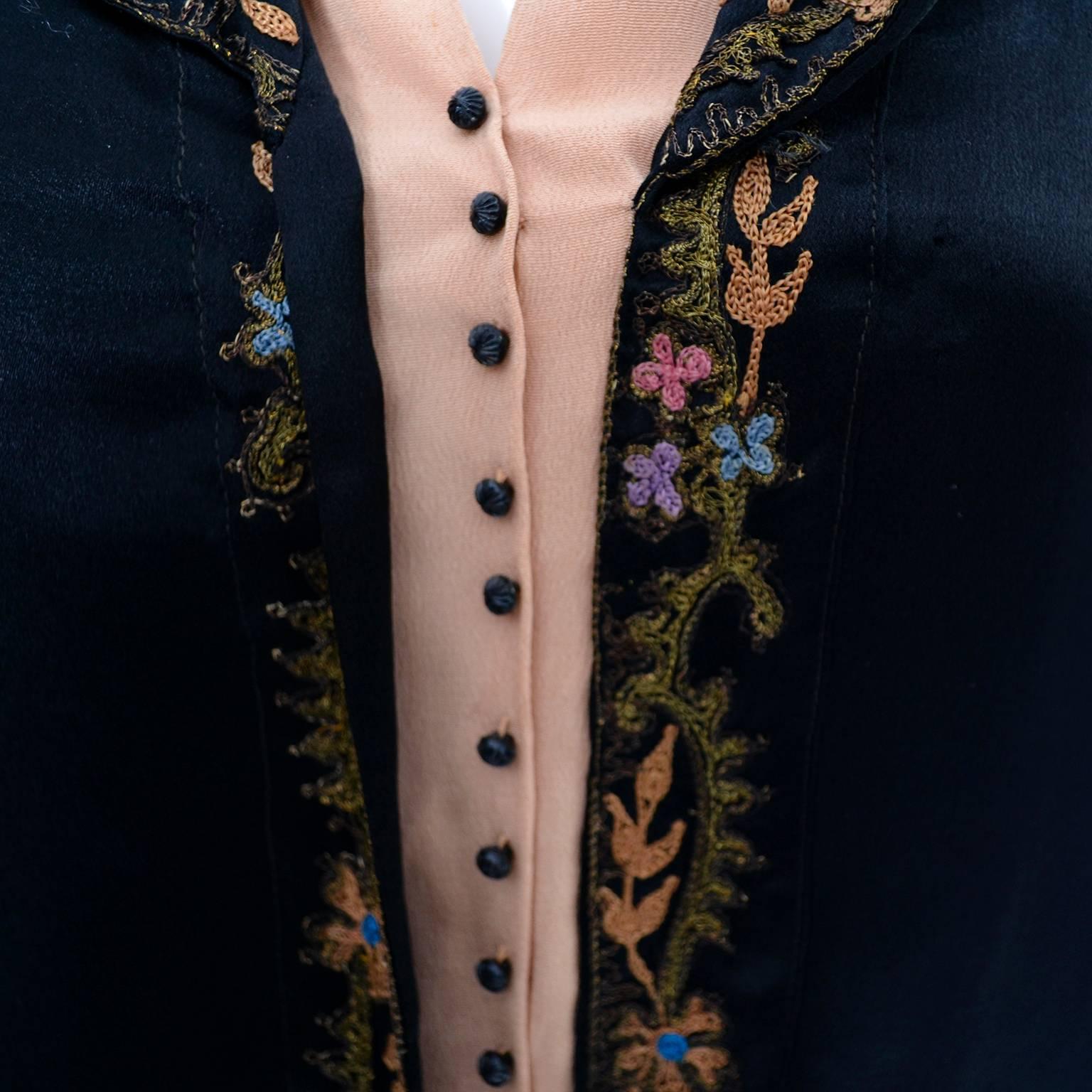 1920s Vintage Dress Black Silk Fine Floral Embroidery MOP Belt Buckle 44B 3
