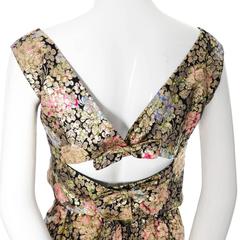 Hannah Troy Gold Metallic Floral Vintage Cocktail Dress Open Back 2pc 1960s