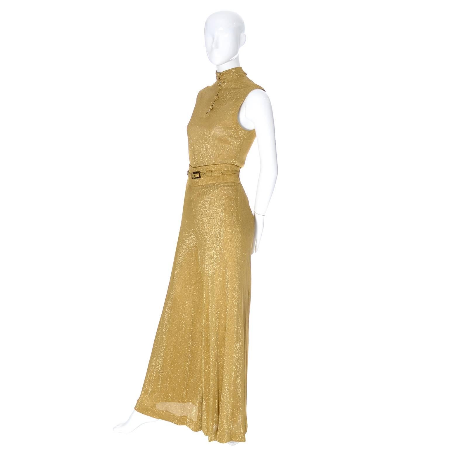 This is a show stopping vintage 2 piece formal outfit in gold metallic knit. Designed by Beverly Paige in the late 1960's or very early1970s, this is the perfect modern vintage alternative to a formal dress.  This 2 piece shimmering gold metallic