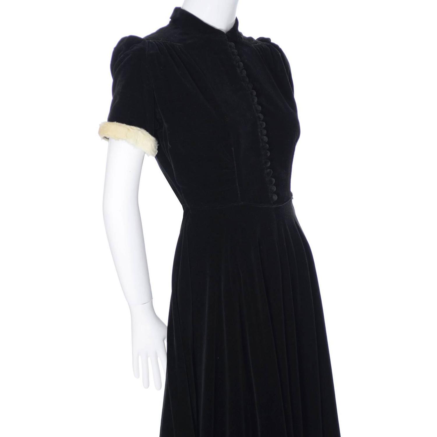 Numbered 1940s John Lewis Vintage Dress Long Black Velvet Evening Gown Fur Trim For Sale at 1stdibs