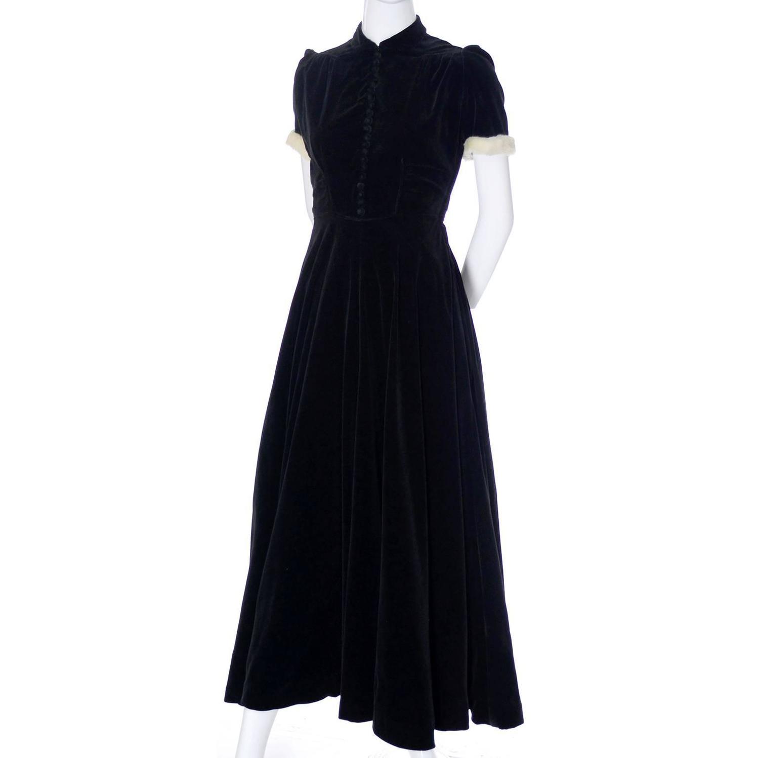 Numbered 1940s John Lewis Vintage Dress Long Black Velvet Evening Gown Fur Trim For Sale at 1stdibs