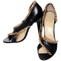 Giuseppe Zanotti for Balmain Paris Shoes Black Leather Heels Chain Detail 5.5 6