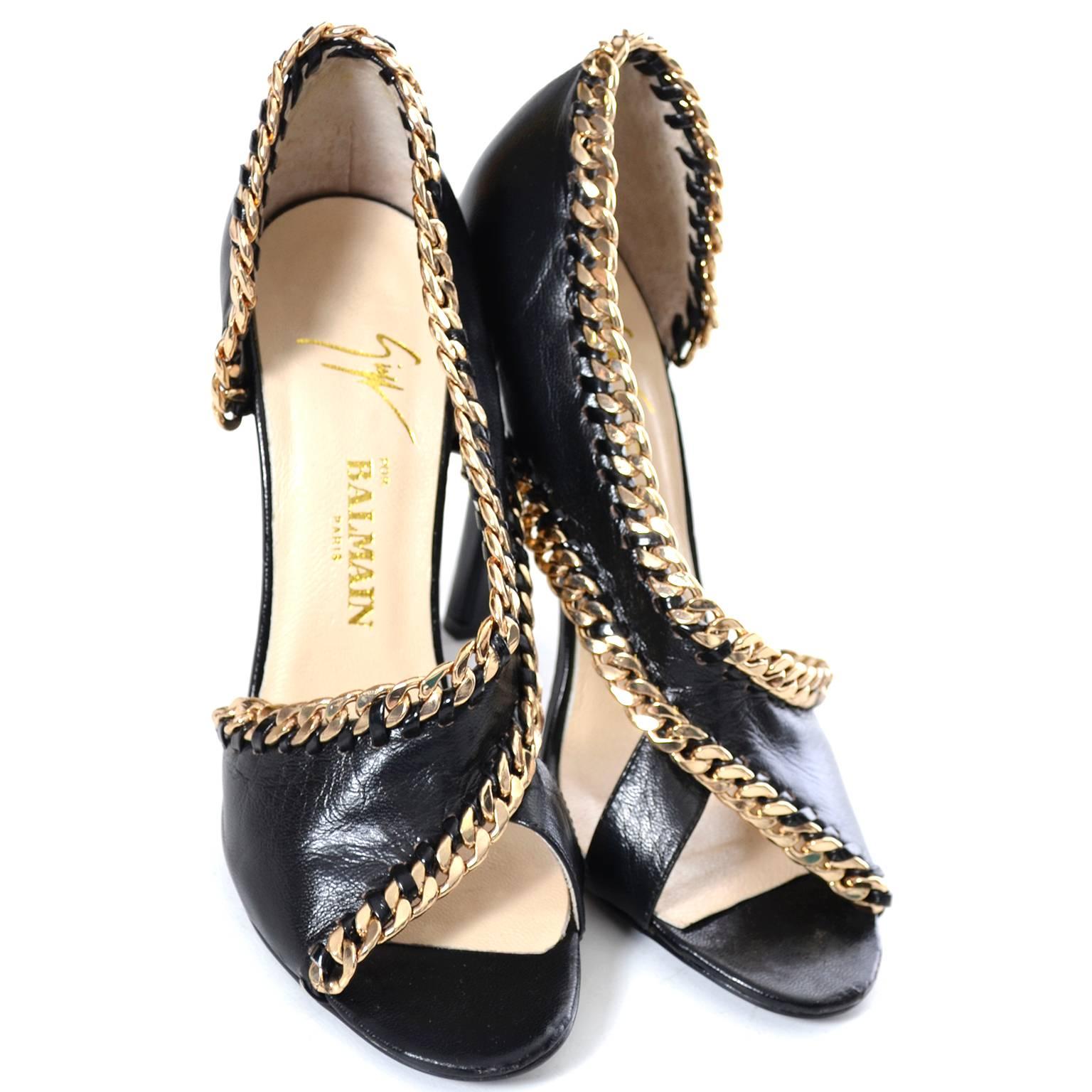 Giuseppe Zanotti for Balmain Paris Shoes Black Leather Heels Chain Detail 5.5 6 In Excellent Condition In Portland, OR
