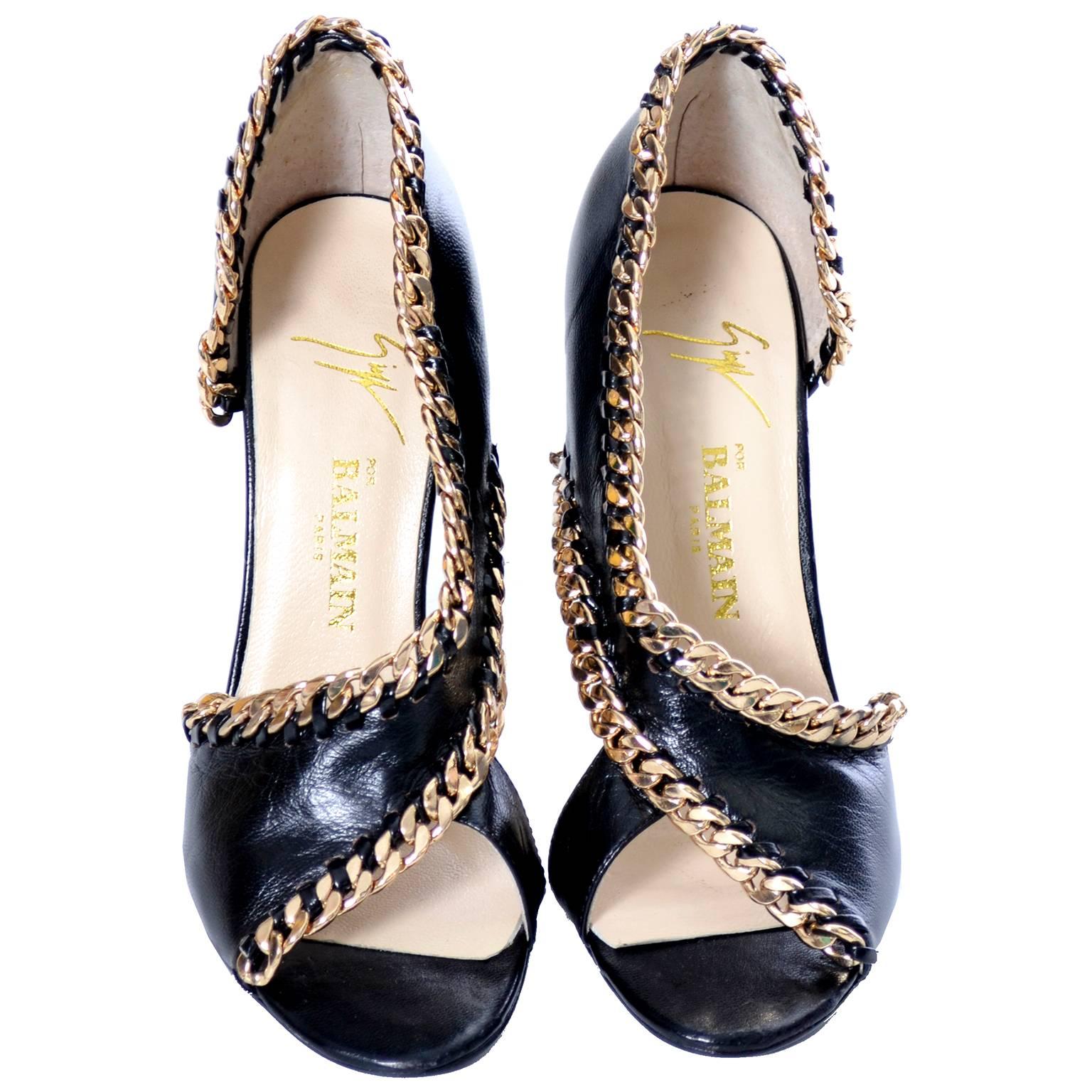 Giuseppe Zanotti for Balmain Paris Shoes Black Leather Heels Chain Detail 5.5 6 2