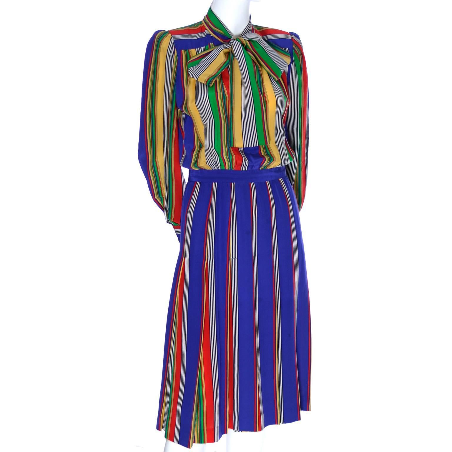 Purple Vintage YSL Rive Gauche Silk Dress Stripes Yves Saint Laurent Paris 36 Bow