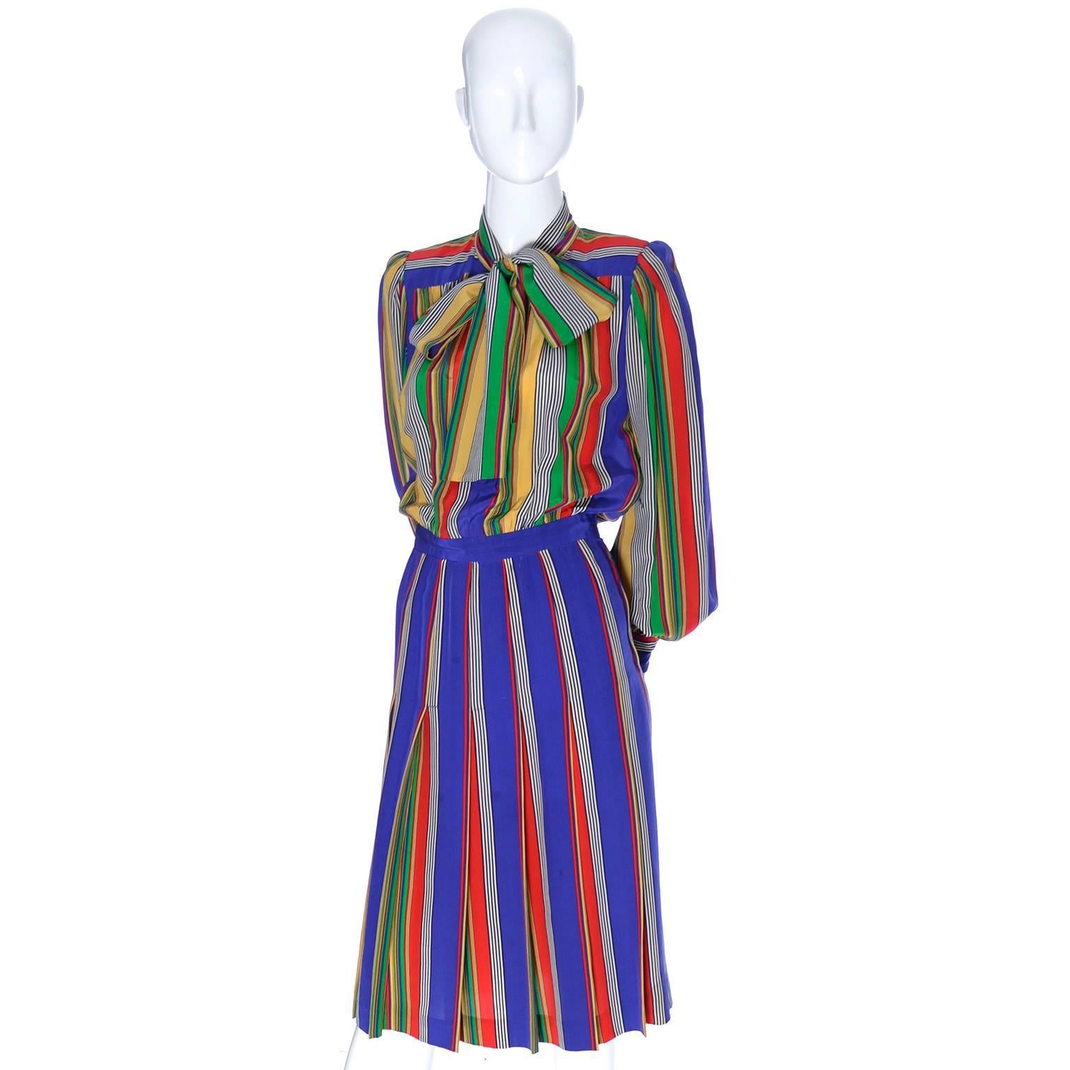 Vintage YSL Rive Gauche Silk Dress Stripes Yves Saint Laurent Paris 36 Bow In Excellent Condition In Portland, OR