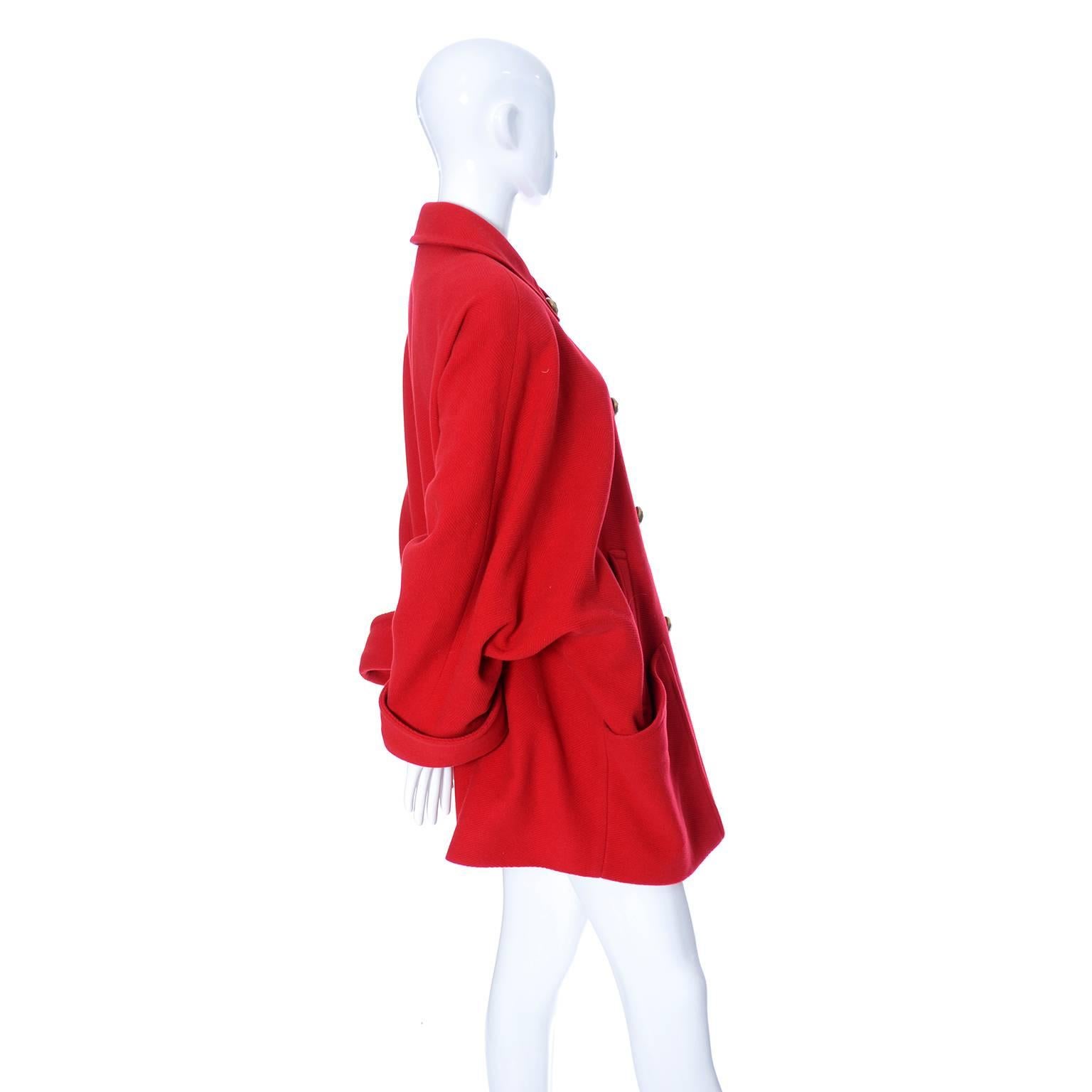 Women's Guy Laroche Boutique 1980s Vintage Coat in Cherry Red Wool W Dolman Sleeves