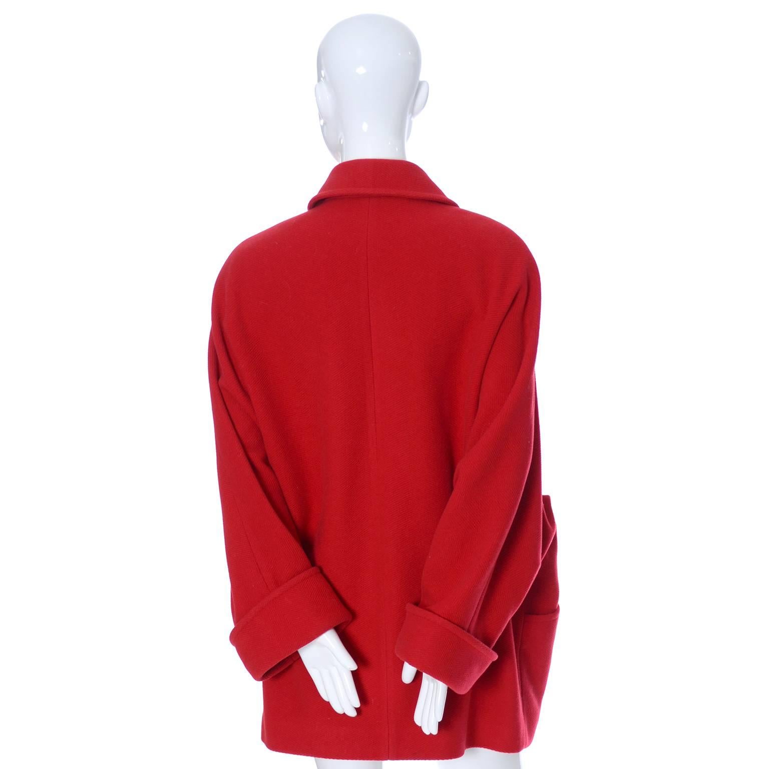 Guy Laroche Boutique 1980s Vintage Coat in Cherry Red Wool W Dolman Sleeves 1