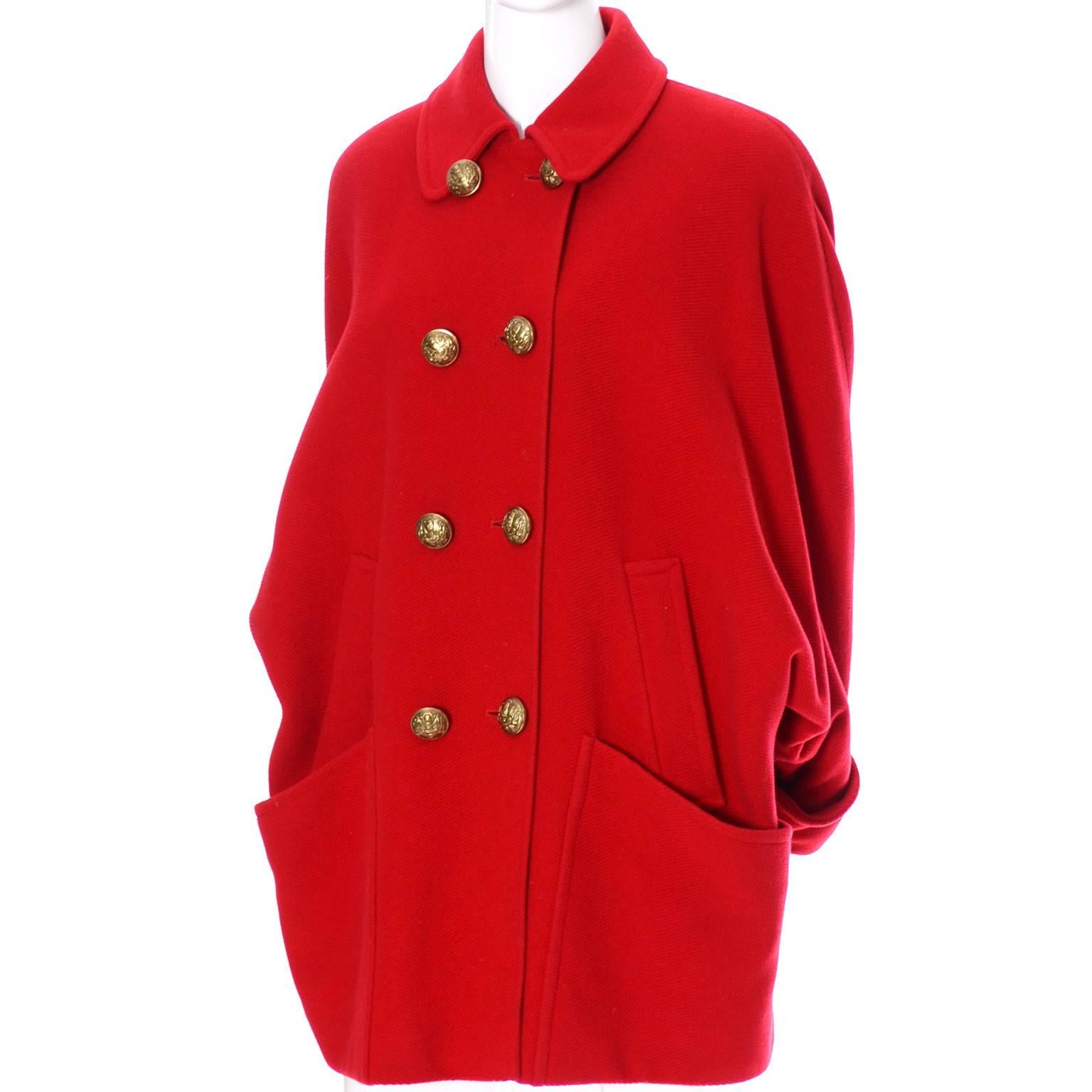 Guy Laroche Boutique 1980s Vintage Coat in Cherry Red Wool W Dolman Sleeves 2