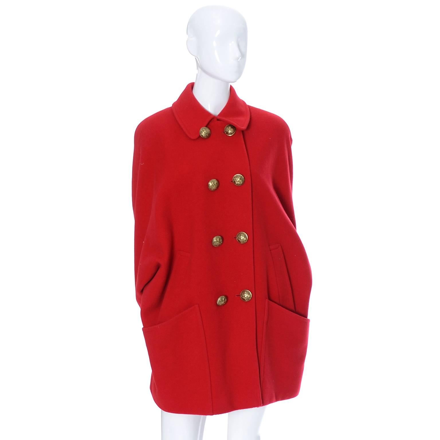 Guy Laroche Boutique 1980s Vintage Coat in Cherry Red Wool W Dolman Sleeves In Excellent Condition In Portland, OR
