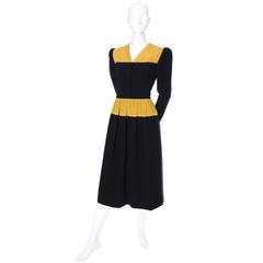 Vintage Carolina Herrera Pleated Wool Crepe Dress Pleated Black & Yellow Silk
