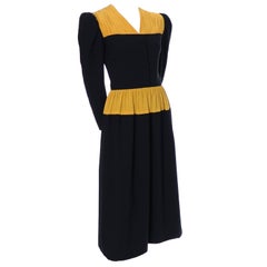 Vintage Carolina Herrera Pleated Wool Crepe Dress Pleated Black & Yellow Silk