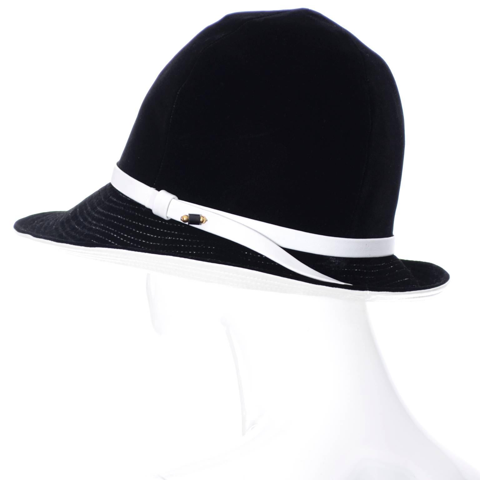 Mr. John 1960s Black Velvet Vintage Hat White Leather Trim Hat Pin I Magnin For Sale 1