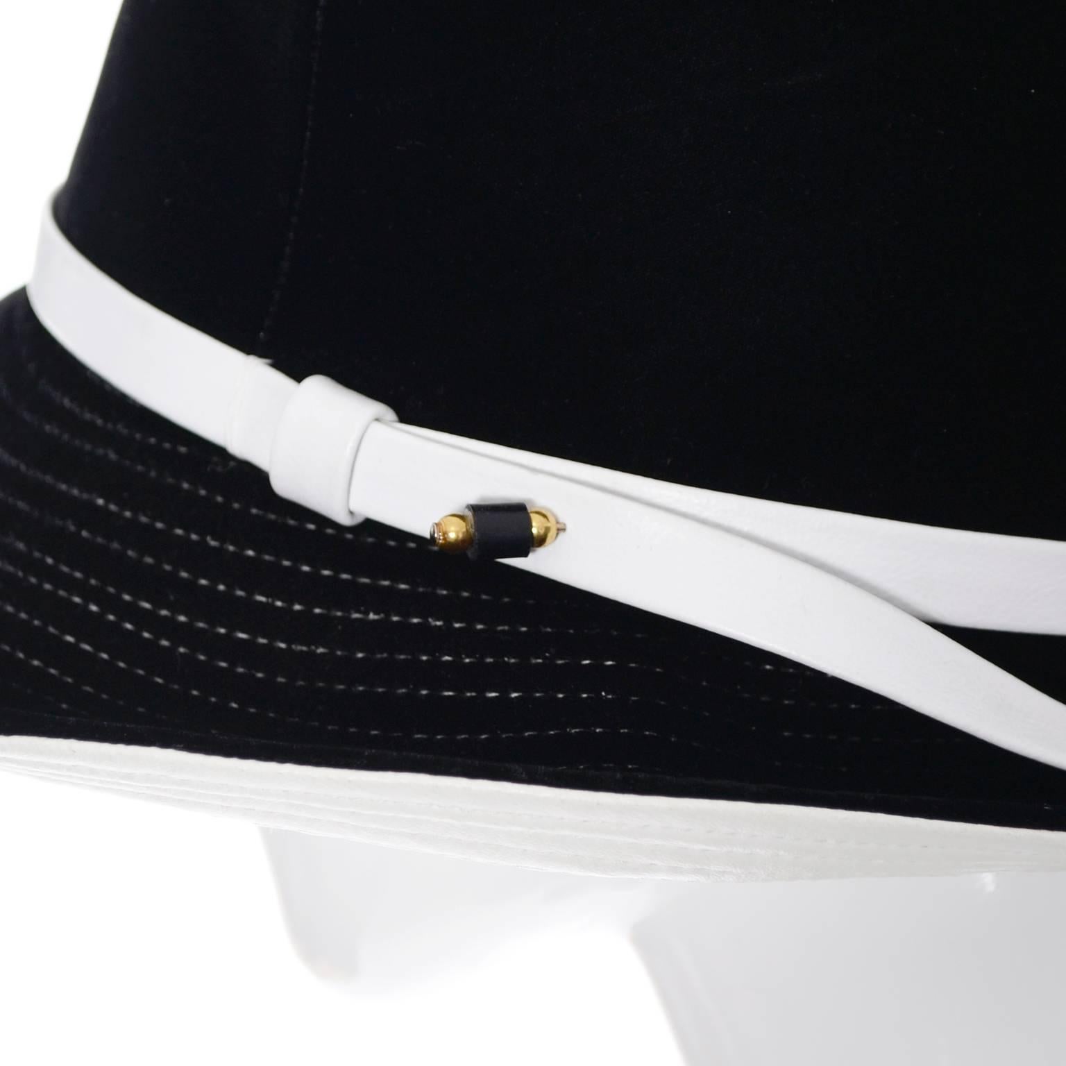 Mr. John 1960s Black Velvet Vintage Hat White Leather Trim Hat Pin I Magnin For Sale 2