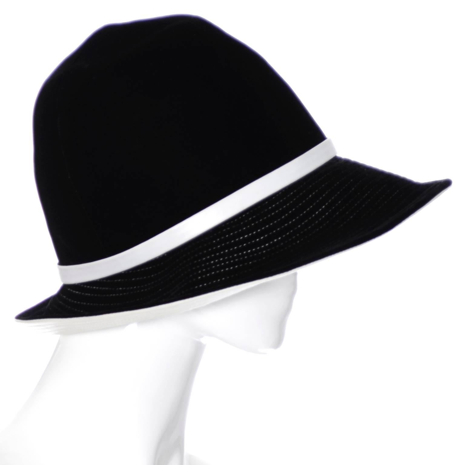 Mr. John 1960s Black Velvet Vintage Hat White Leather Trim Hat Pin I Magnin In Excellent Condition For Sale In Portland, OR