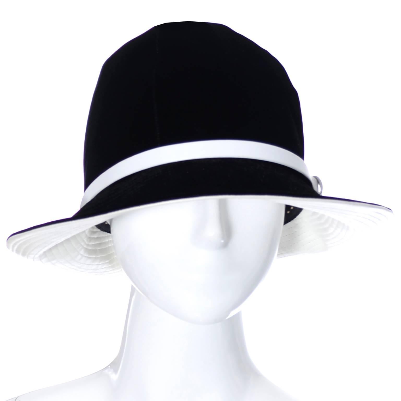 Women's Mr. John 1960s Black Velvet Vintage Hat White Leather Trim Hat Pin I Magnin For Sale