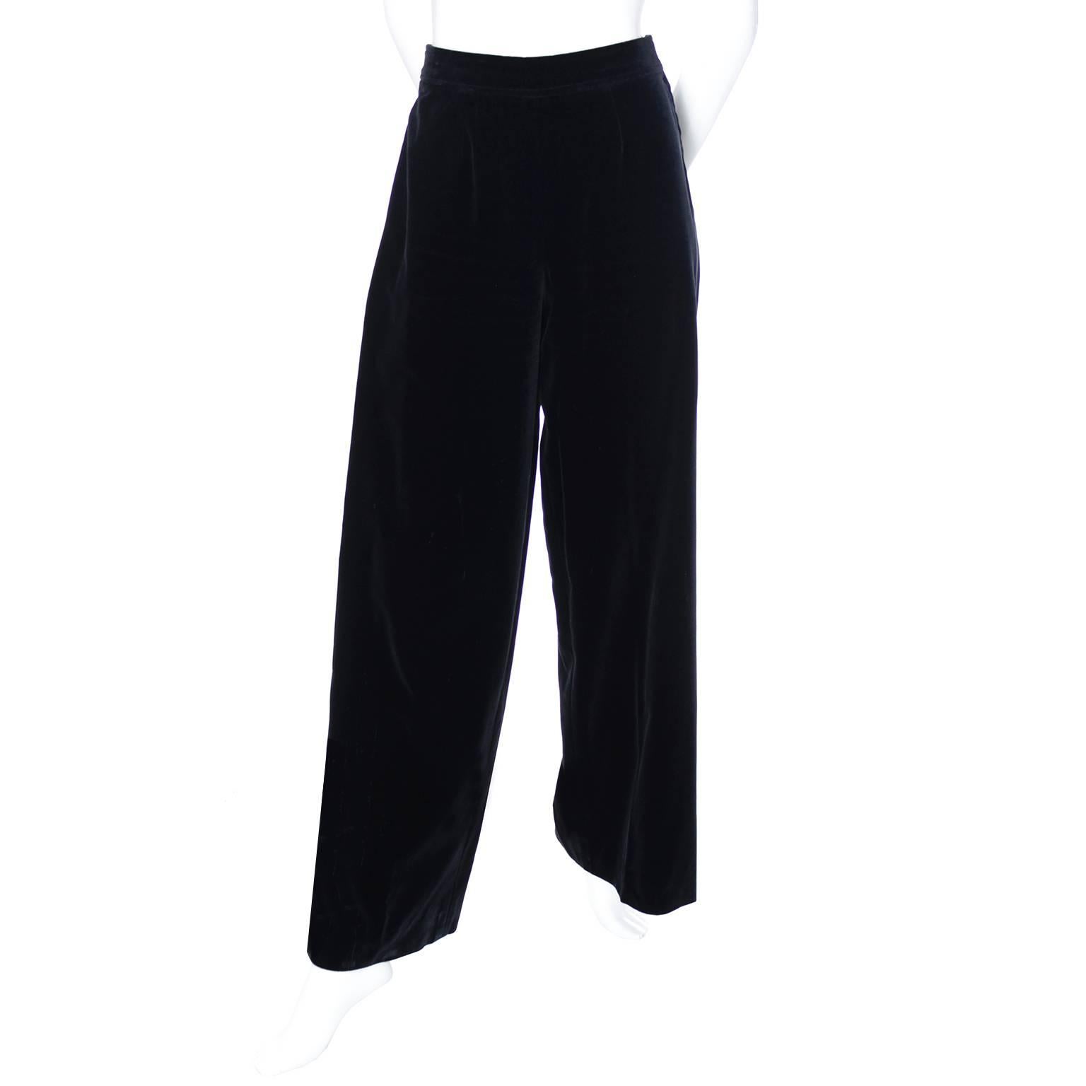 Beautiful YSL vintage black velvet high waisted pants with wide legs.  These pants were purchased at I Magnin in the late 1970's and have a side metal zipper and the signature Yves Saint Laurent hook and eye.  These would be perfect to wear with a