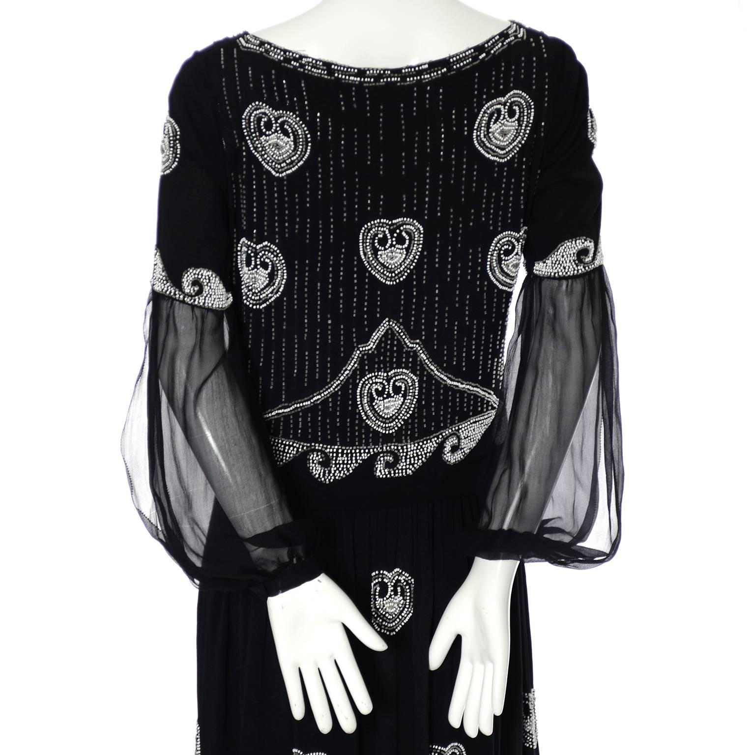 Art Deco 1920s Beaded Black Vintage Dress W/ Handkerchief Hem & Sheer Sleeves In Excellent Condition For Sale In Portland, OR