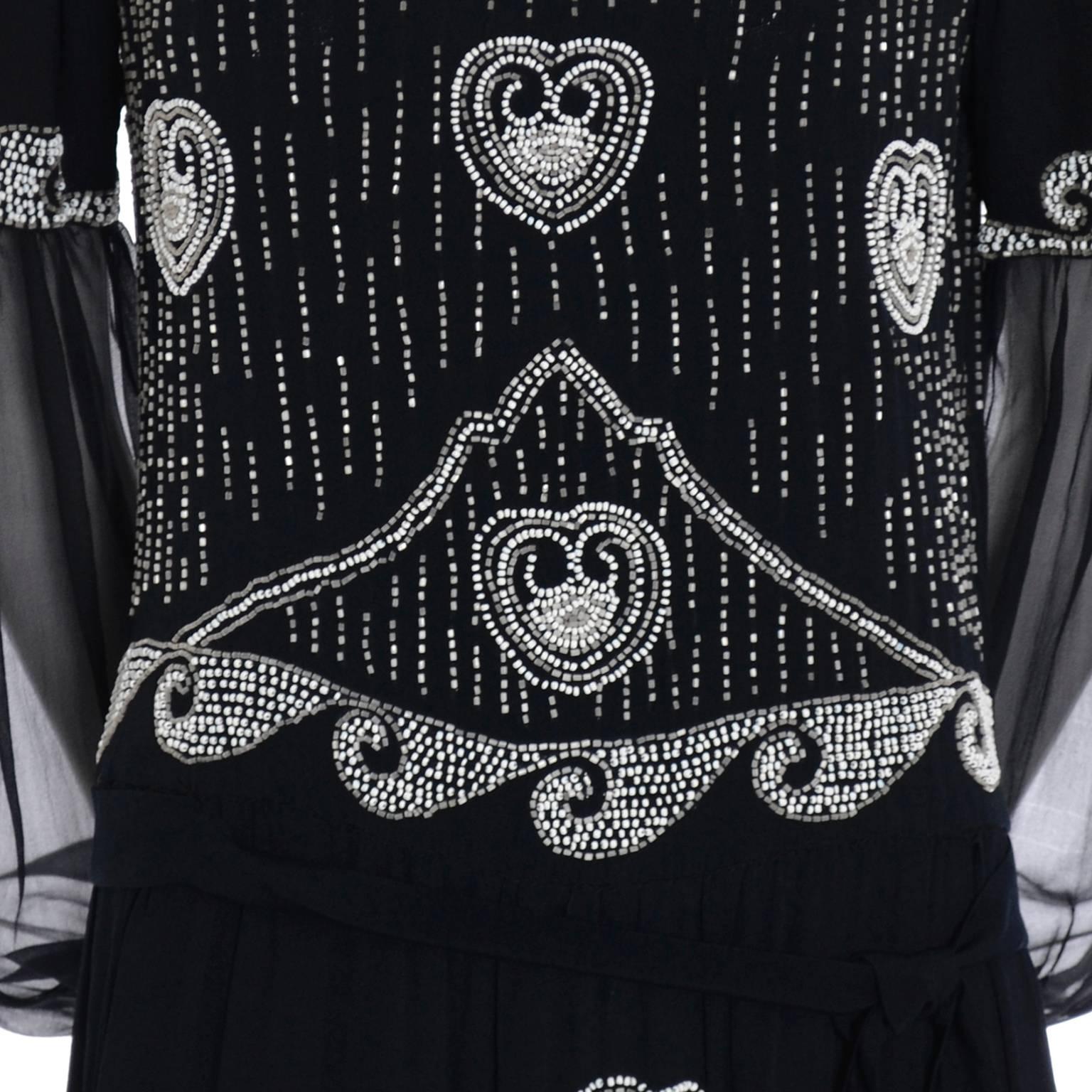 Art Deco 1920s Beaded Black Vintage Dress W/ Handkerchief Hem & Sheer Sleeves For Sale 2