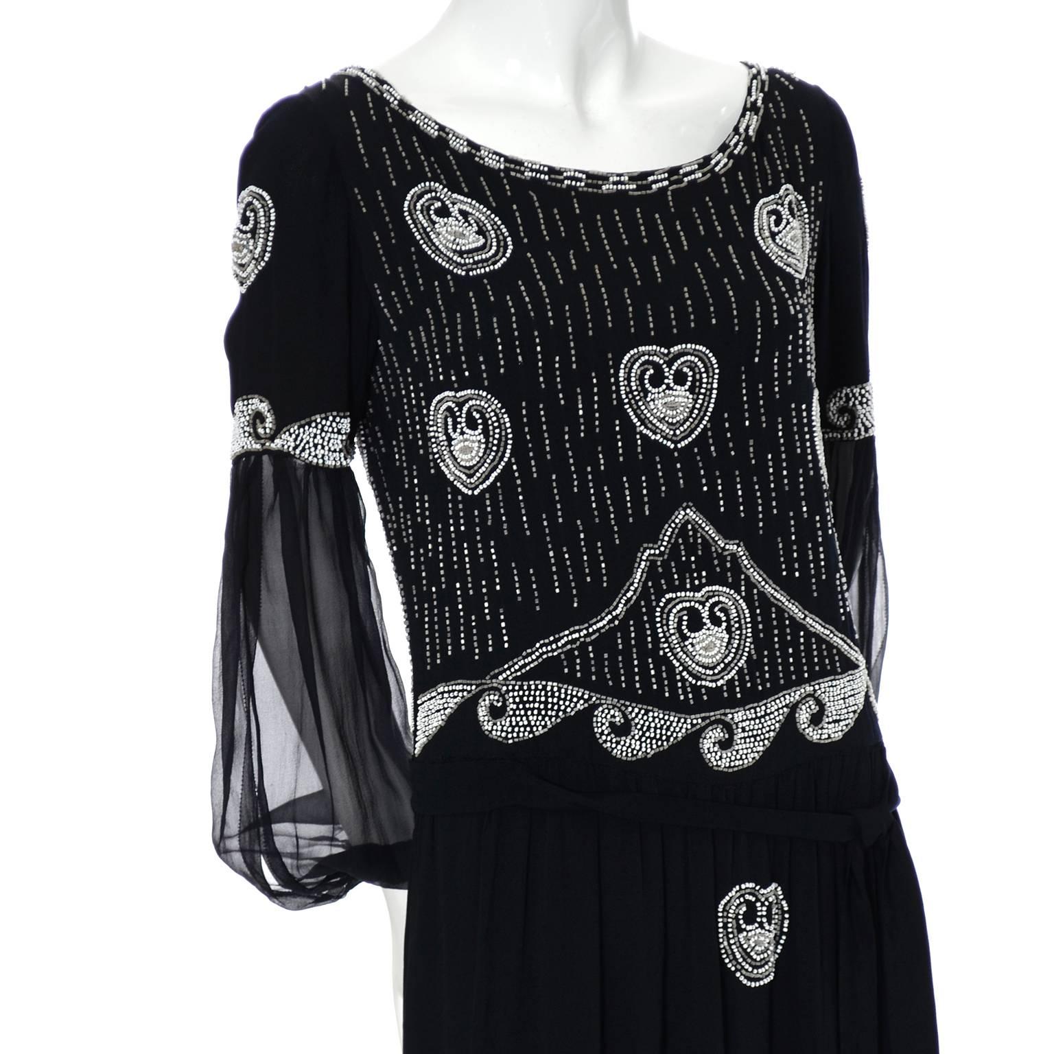 Art Deco 1920s Beaded Black Vintage Dress W/ Handkerchief Hem & Sheer Sleeves For Sale 1