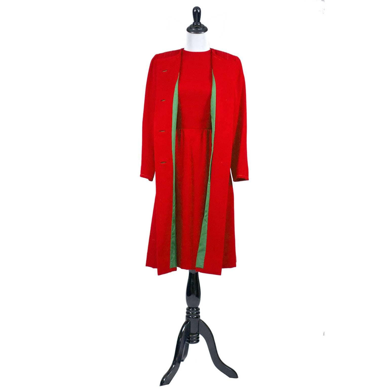 Women's 1950s Vintage Sheath Dress And Coat Suit Red Green Christmas Holiday Ensemble