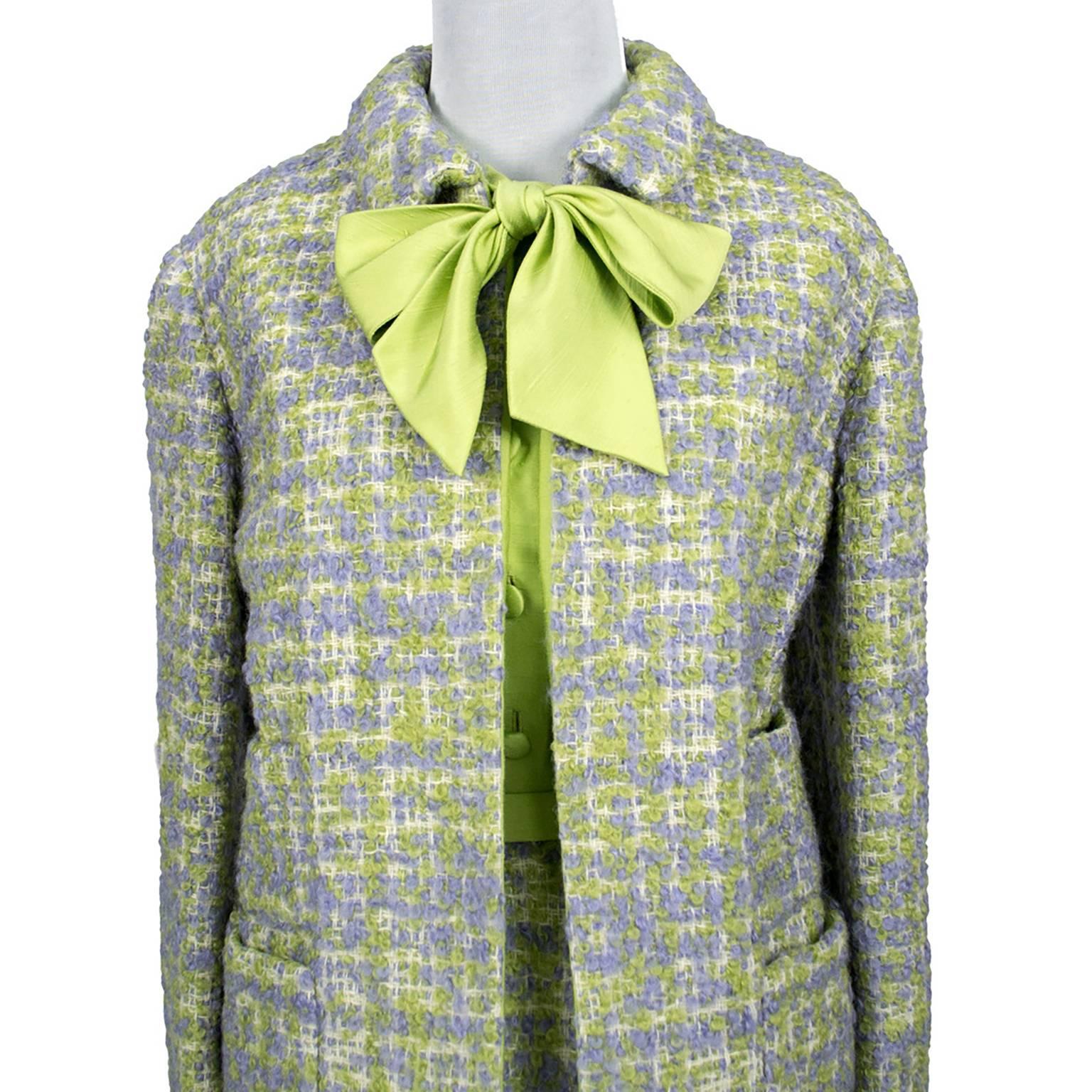 Beige Vintage Tweed Suit Purple &  Lime Green W Skirt Jacket & Silk Bow Blouse Geneve